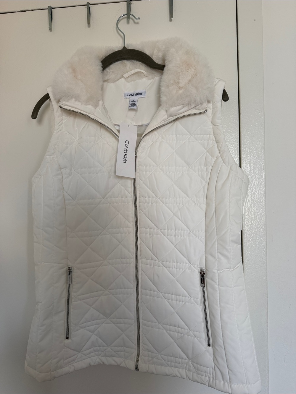Calvin Klein White Quilted Vest with Faux-Fur Collar
